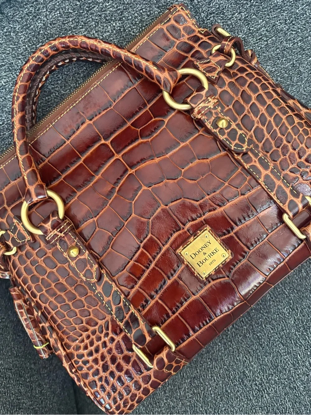 Dooney & Bourke Brown Croco Fino Croc-Embossed Satchel with Gold Hardware